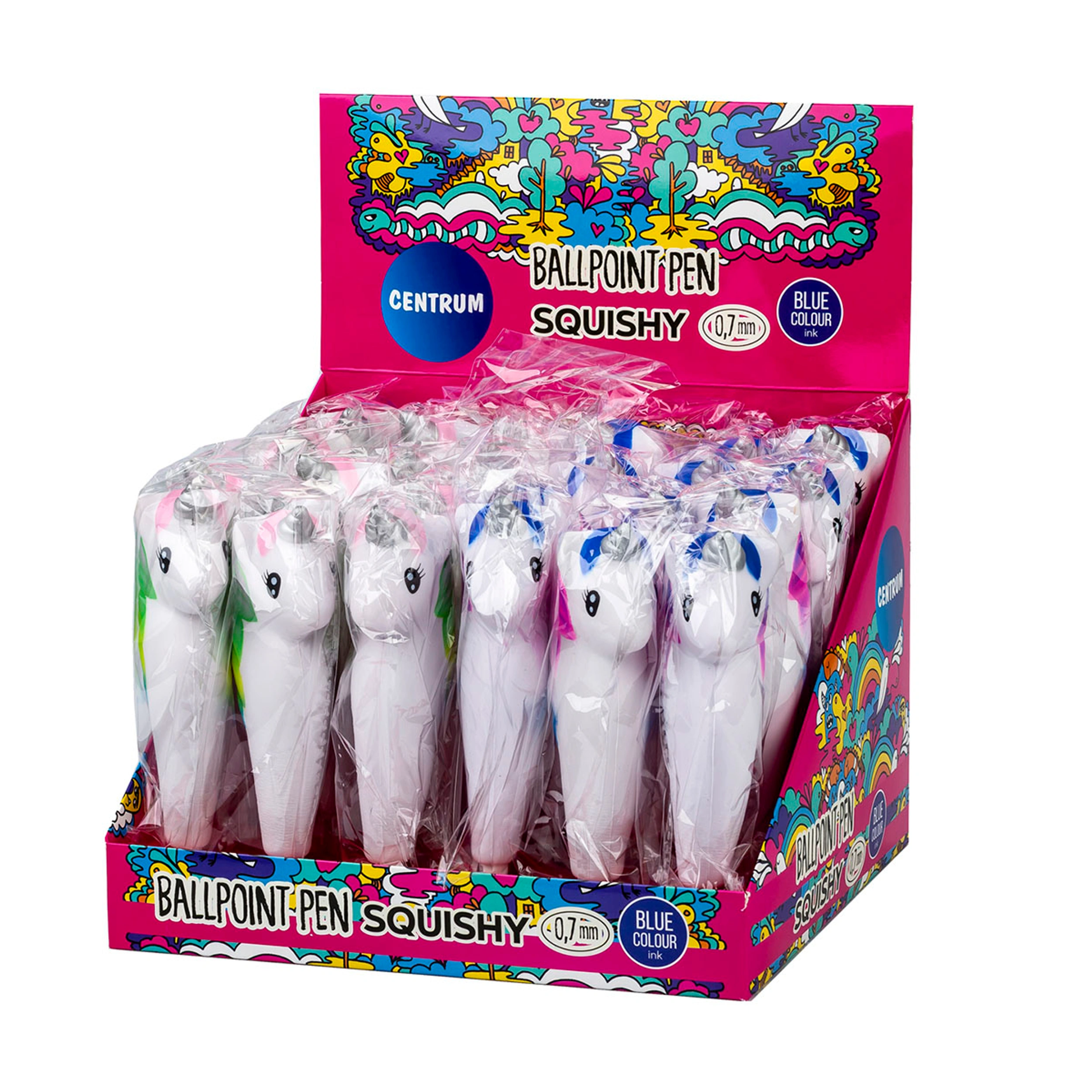 Kulspetspenna Squischy Enhörning 0.7 Blått Bläck 24-pack